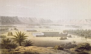 A Ghat oázisa és ültetvényei 1850-ben, Heinrich Barth „Utazások és felfedezések Észak- és Közép-Afrikában” című művéből, J. Woelfjle metszete, 1857-ben megjelent (színes metszet)